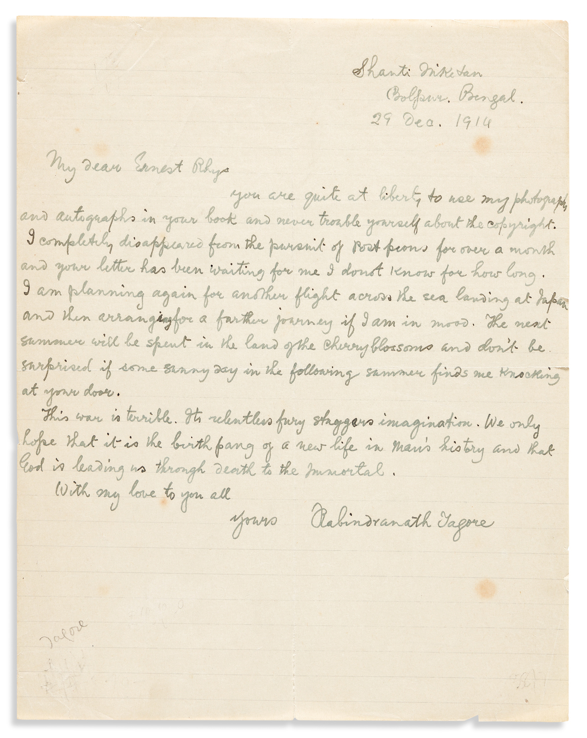 TAGORE, RABINDRANATH. Autograph Letter Signed, to writer Ernest Rhys,